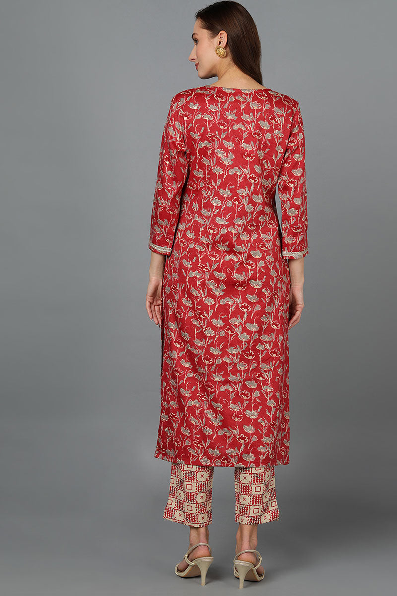 Red Silk Blend Floral Embroidered Straight Kurta