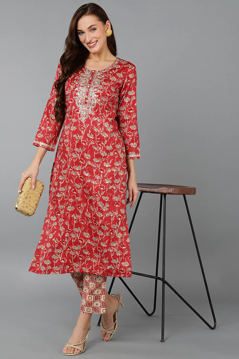 Red Silk Blend Floral Embroidered Straight Kurta