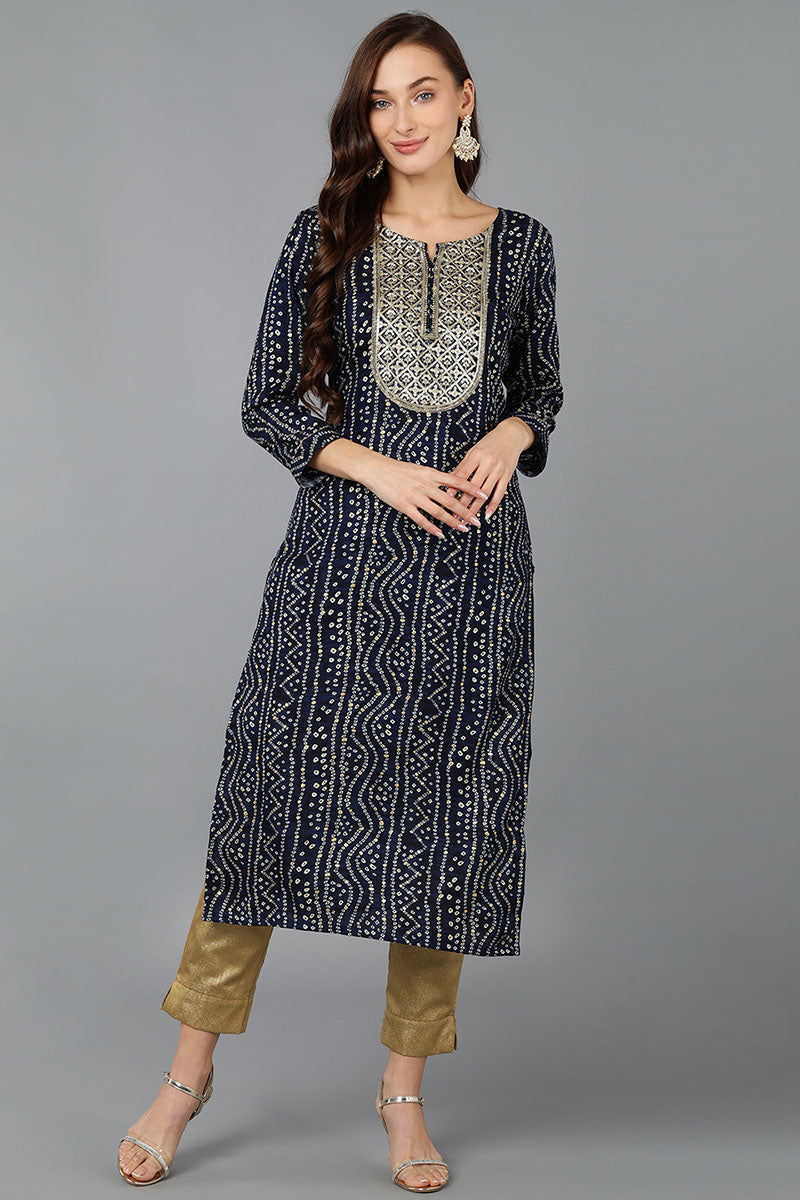 Navy Blue Viscose Rayon Bandhani Embroidered Straight Kurta VCK9077