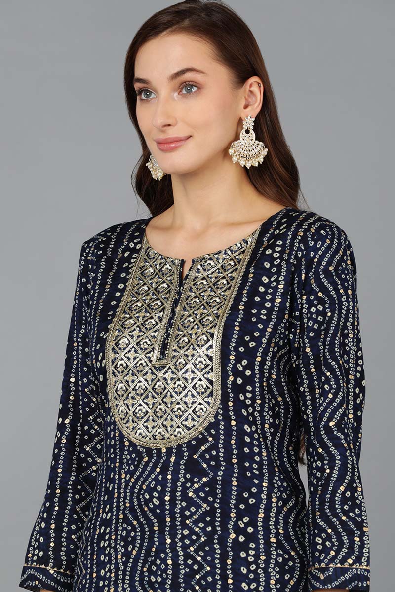Navy Blue Viscose Rayon Bandhani Embroidered Straight Kurta VCK9077