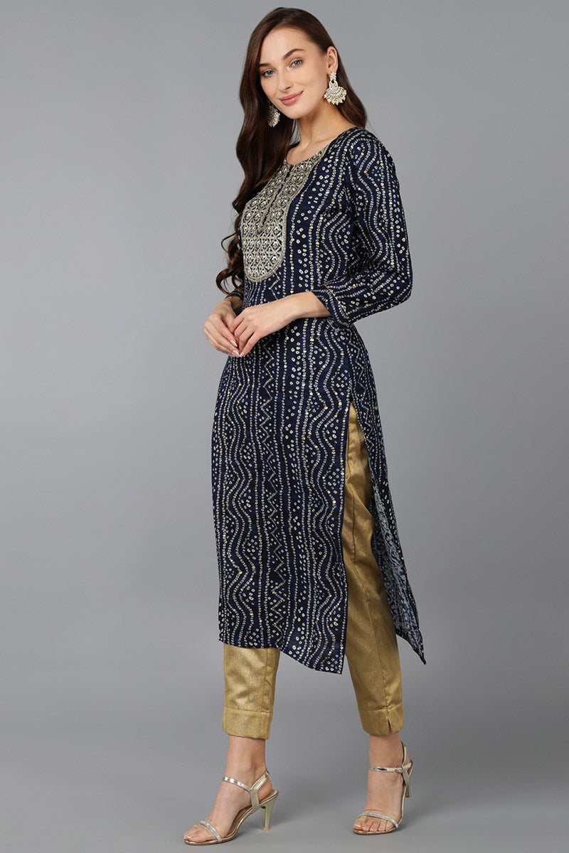 Navy Blue Viscose Rayon Bandhani Embroidered Straight Kurta VCK9077