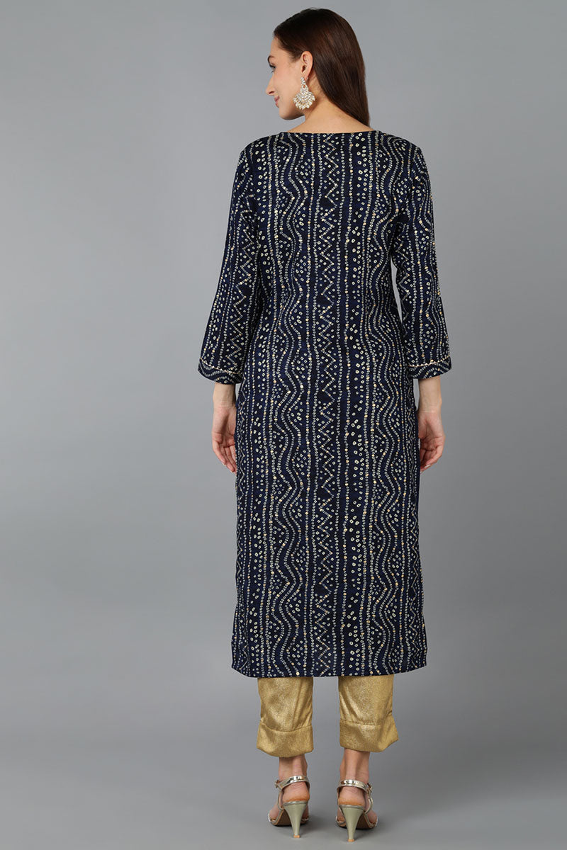 Navy Blue Viscose Rayon Bandhani Embroidered Straight Kurta VCK9077