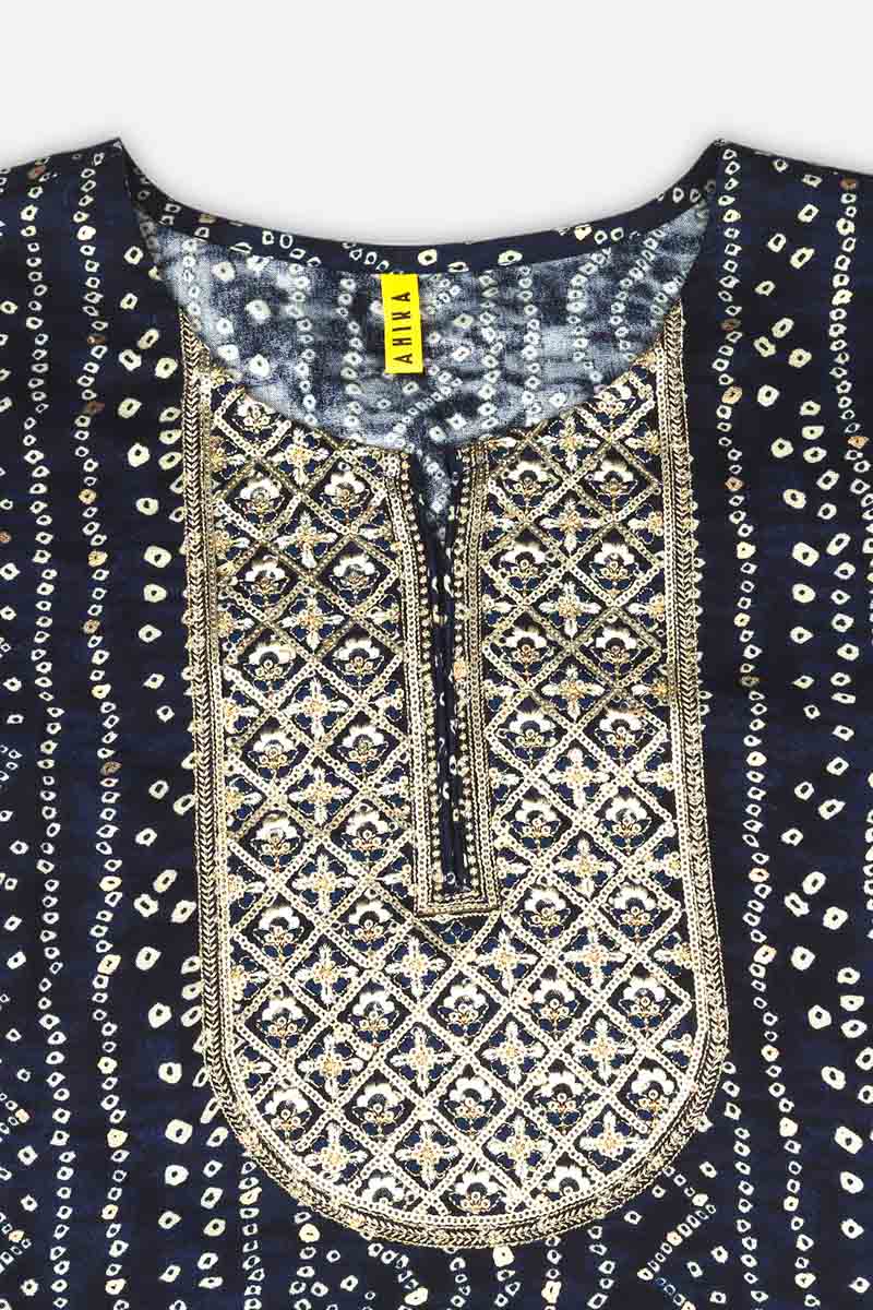 Navy Blue Viscose Rayon Bandhani Embroidered Straight Kurta VCK9077