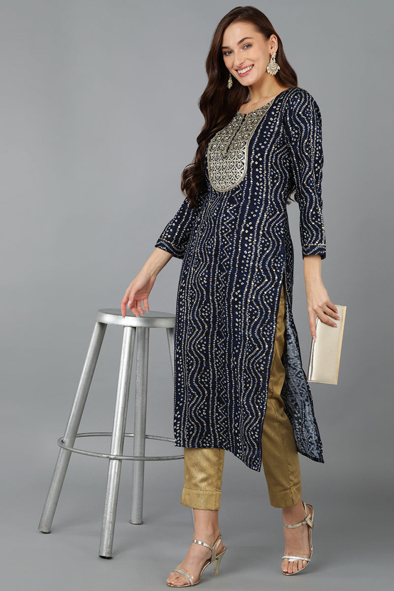 Navy Blue Viscose Rayon Bandhani Embroidered Straight Kurta VCK9077