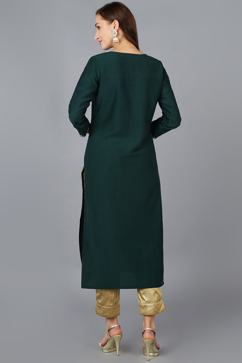 Green Silk Blend Solid Embroidered Straight Kurta