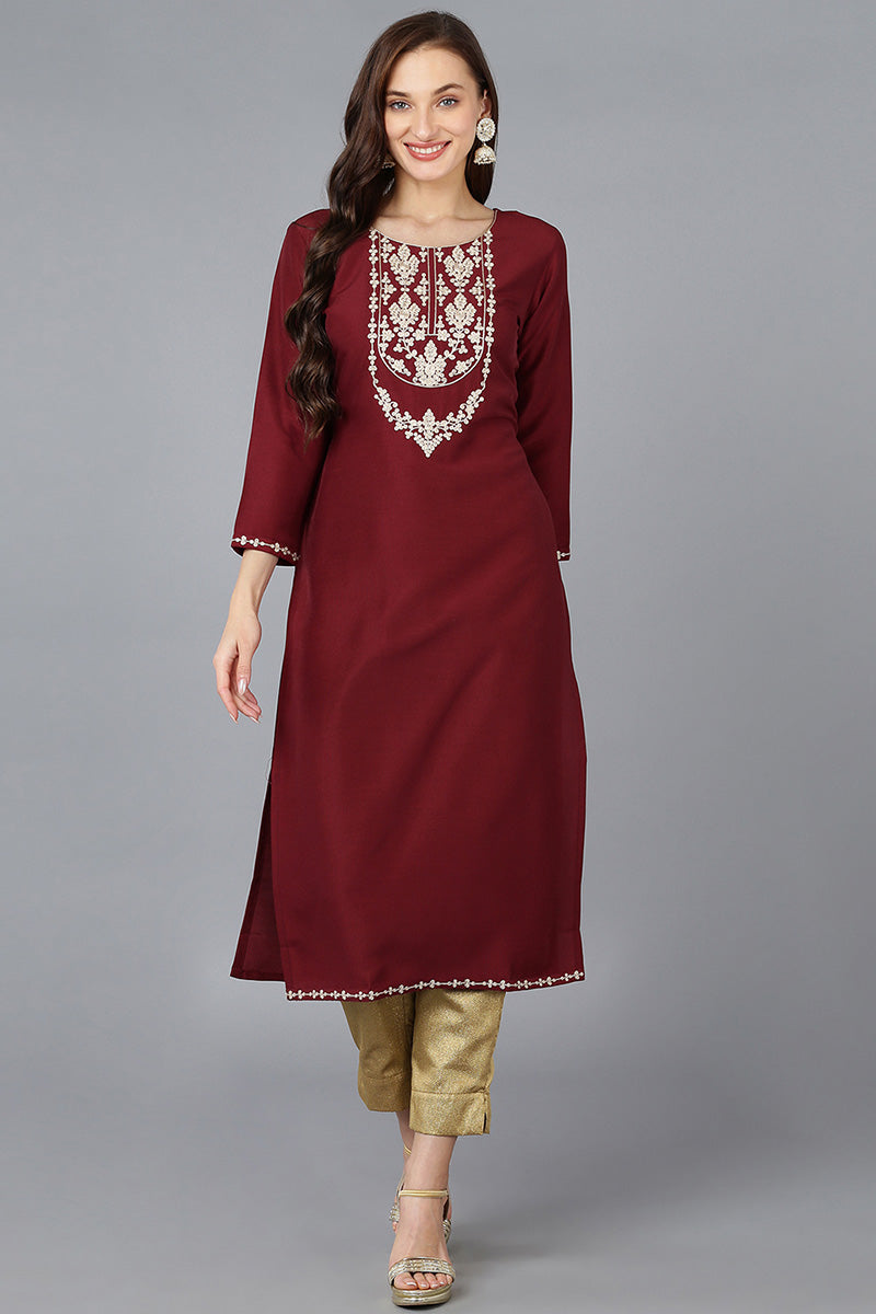Maroon Silk Blend Solid Embroidered Straight Kurta