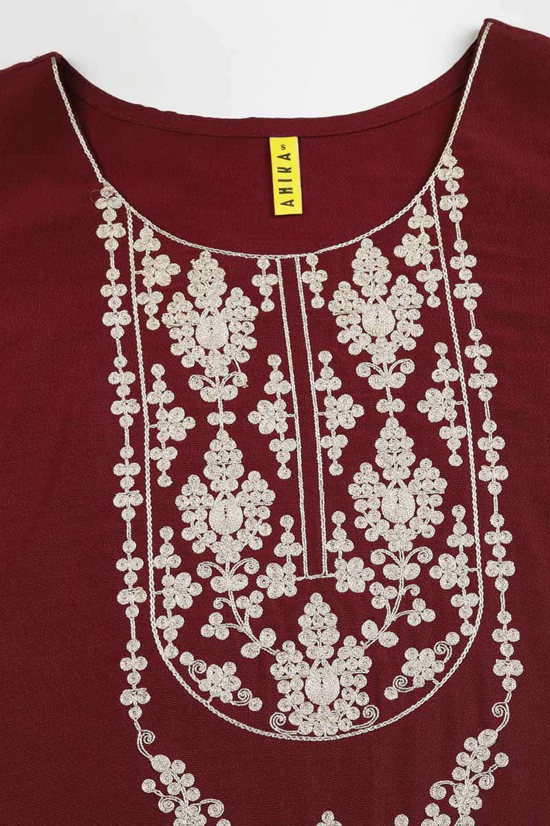 Maroon Silk Blend Solid Embroidered Straight Kurta