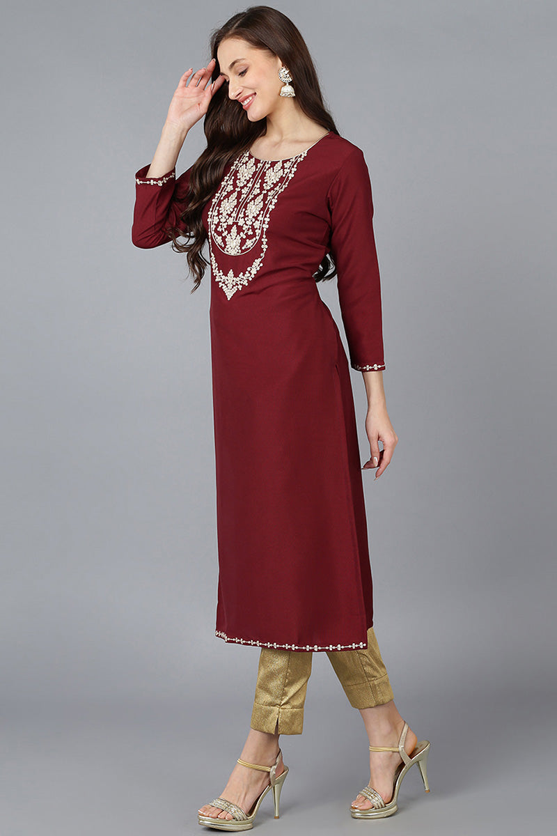 Maroon Silk Blend Solid Embroidered Straight Kurta