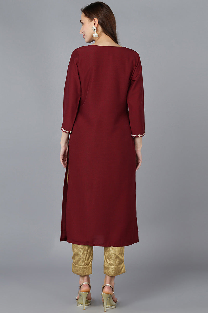 Maroon Silk Blend Solid Embroidered Straight Kurta