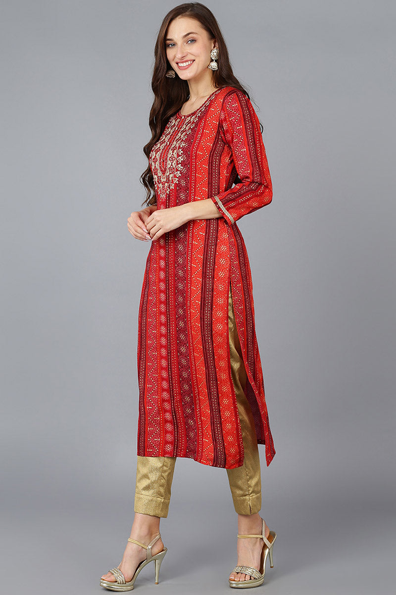 Red Viscose Rayon Geometric Embroidered Straight Kurta VCK9082