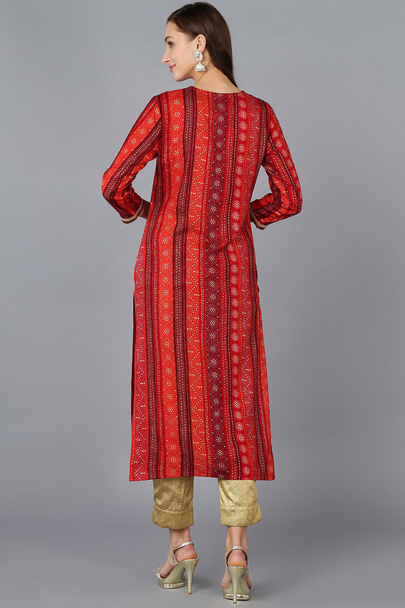 Red Viscose Rayon Geometric Embroidered Straight Kurta VCK9082