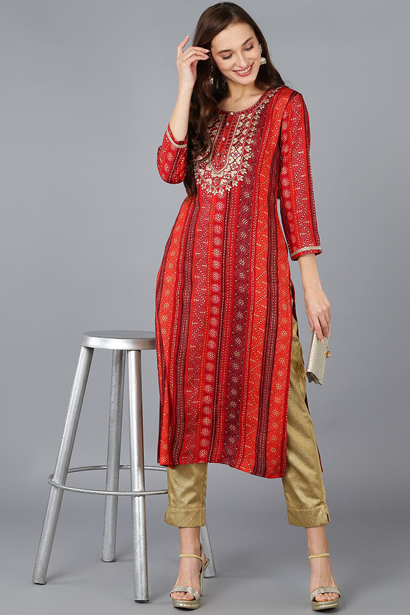 Red Viscose Rayon Geometric Embroidered Straight Kurta VCK9082