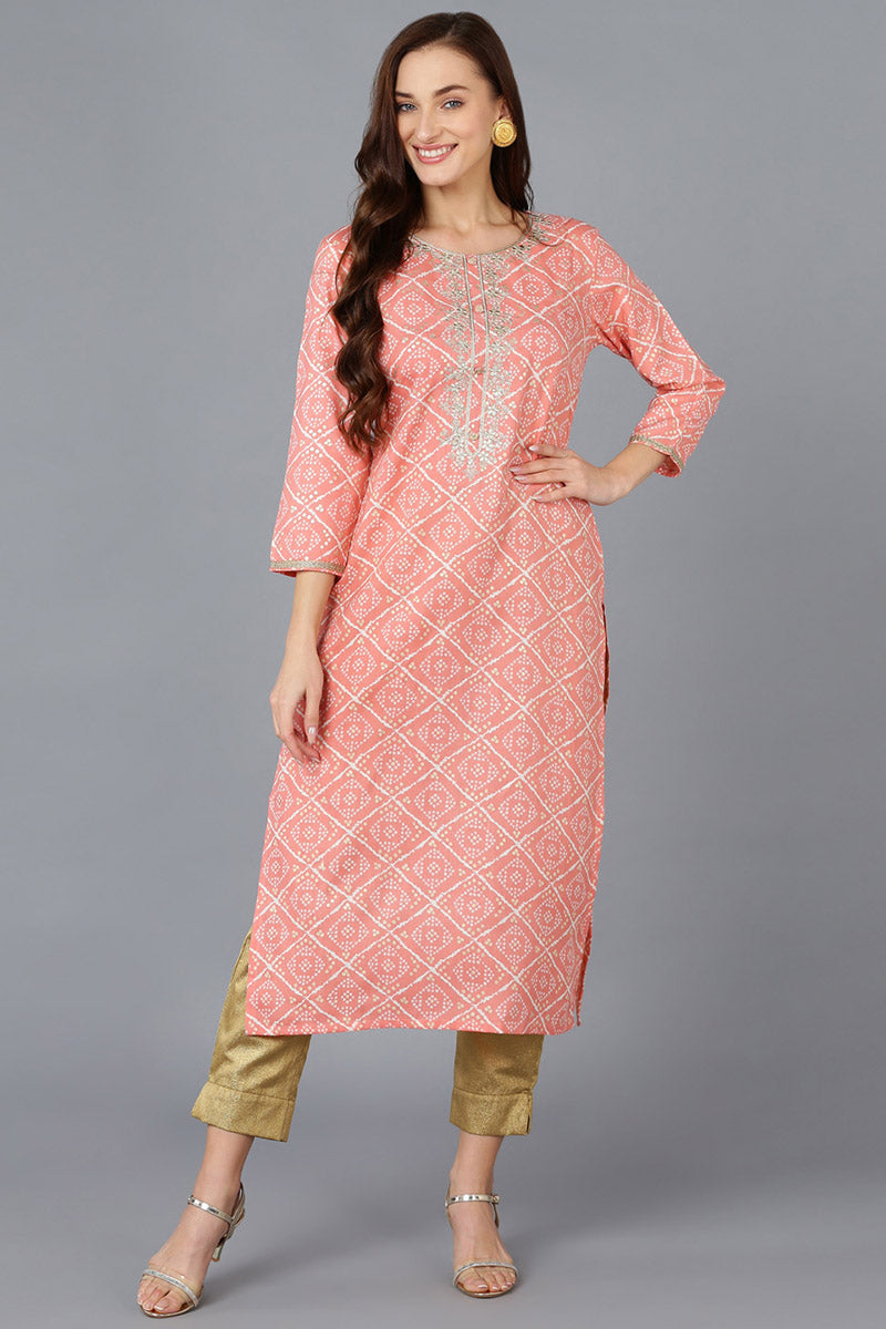 Peach Silk Blend Bandhani Embroidered Straight Kurta VCK9084