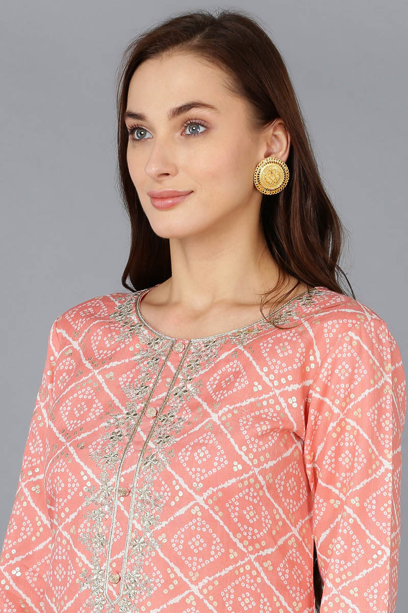 Peach Silk Blend Bandhani Embroidered Straight Kurta VCK9084