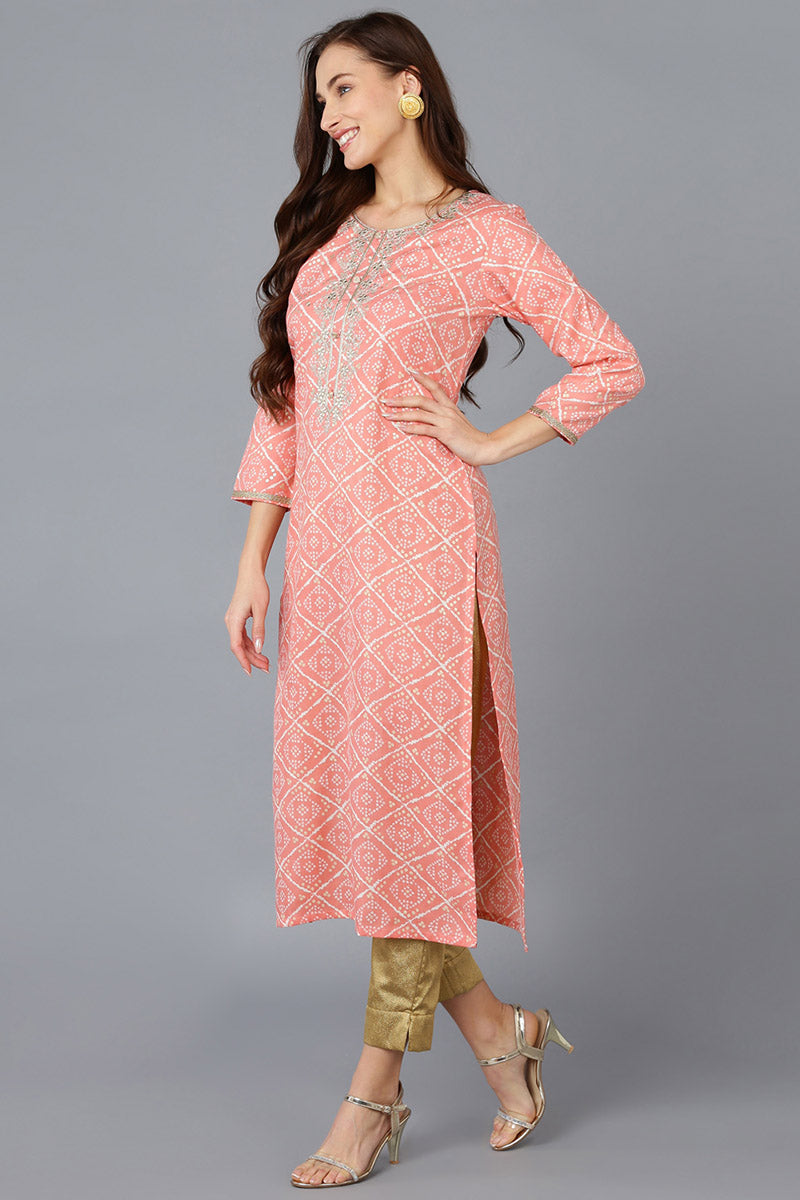 Peach Silk Blend Bandhani Embroidered Straight Kurta VCK9084