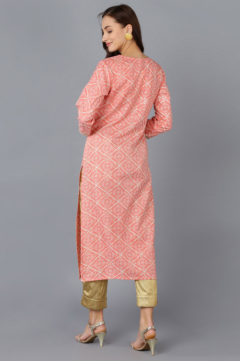 Peach Silk Blend Bandhani Embroidered Straight Kurta VCK9084