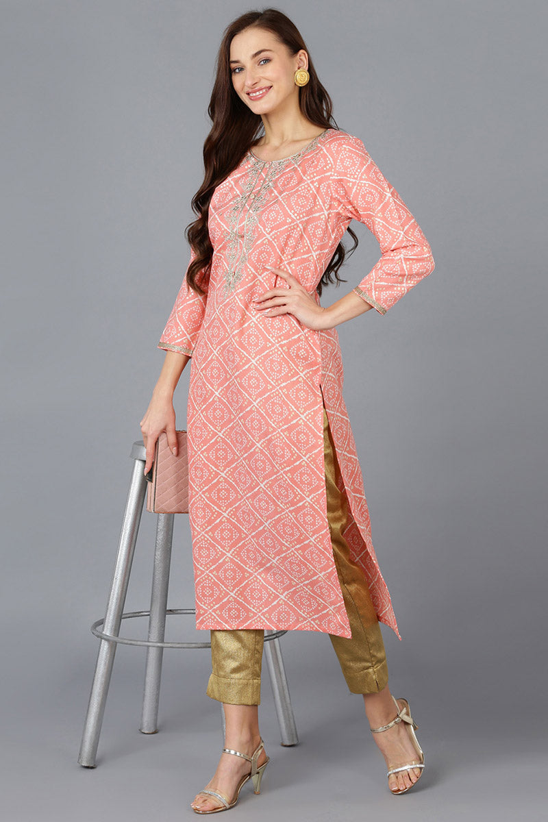 Peach Silk Blend Bandhani Embroidered Straight Kurta VCK9084