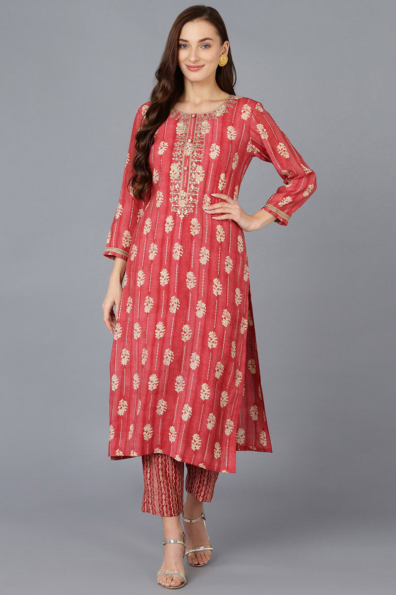 Red Silk Blend Abstract Embroidered Straight Kurta