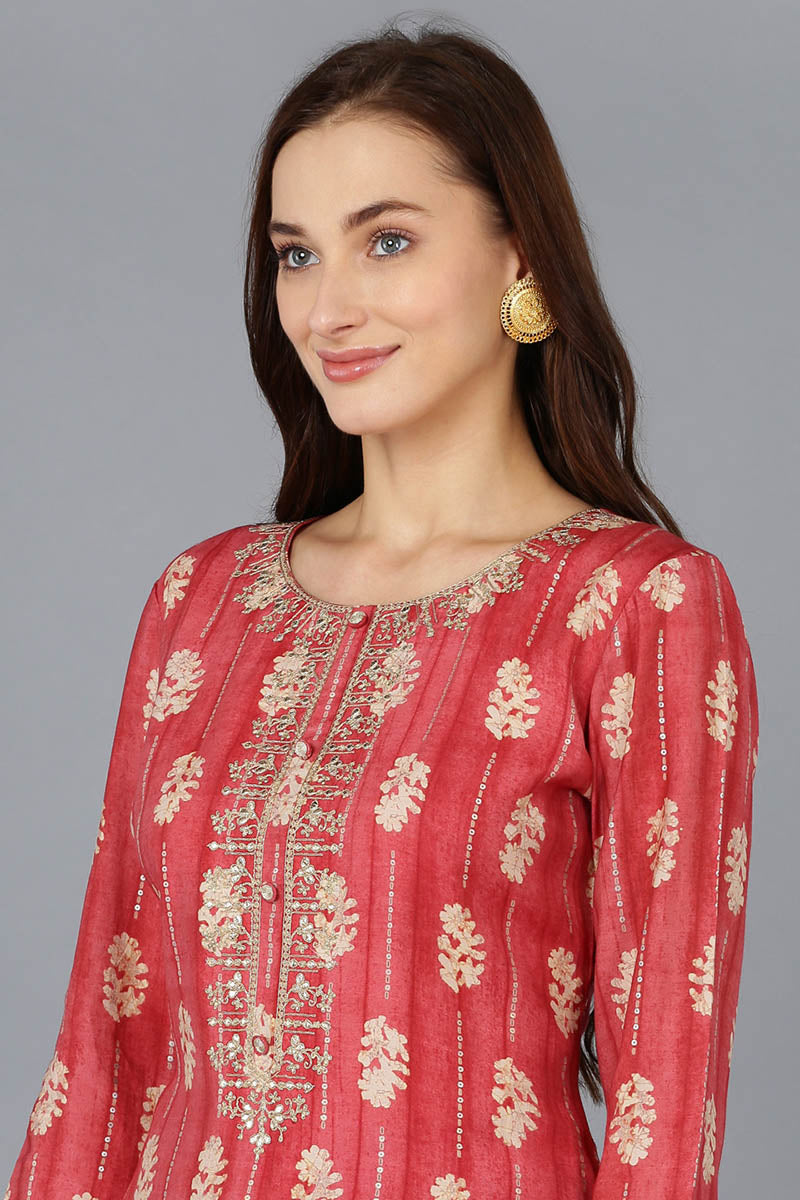 Red Silk Blend Abstract Embroidered Straight Kurta