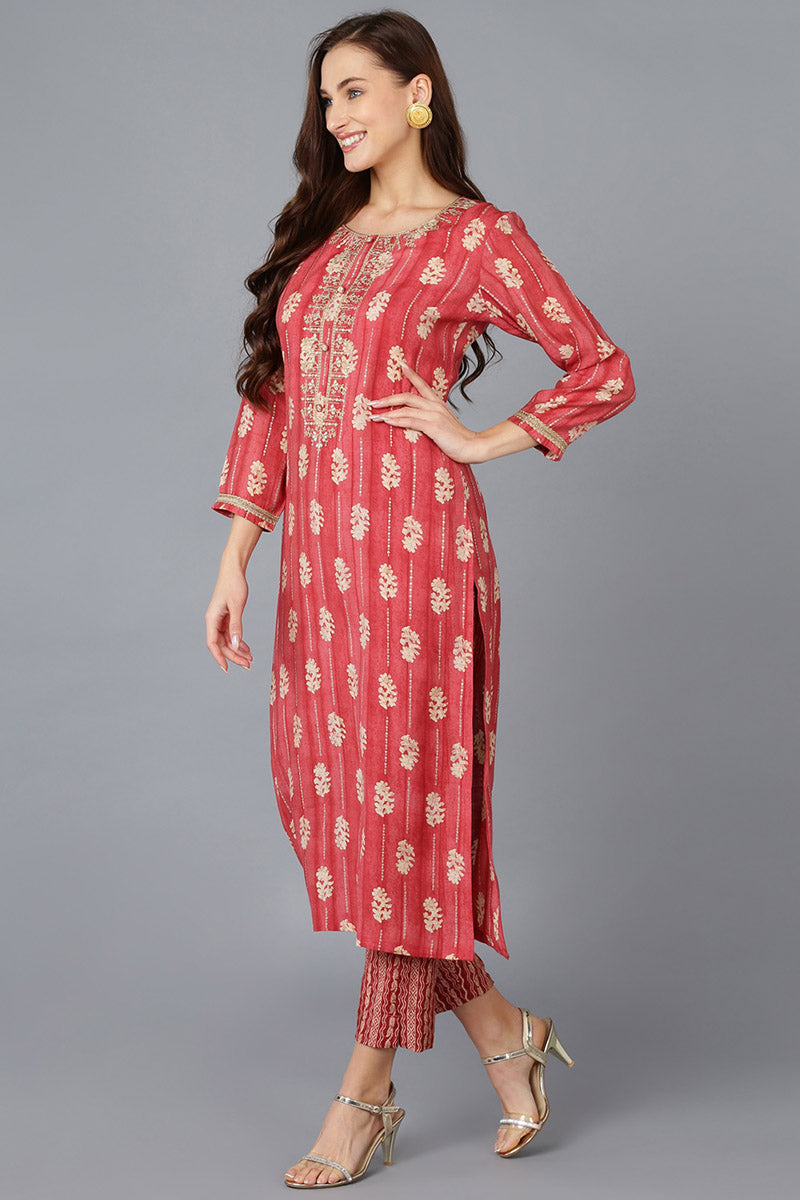 Red Silk Blend Abstract Embroidered Straight Kurta