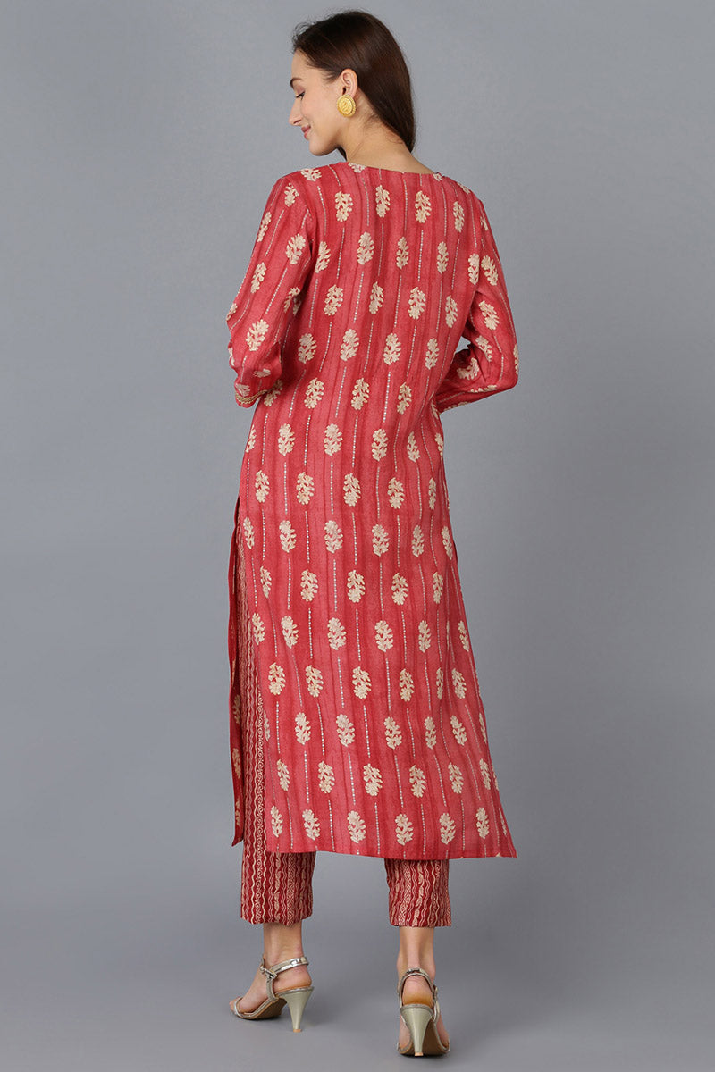 Red Silk Blend Abstract Embroidered Straight Kurta