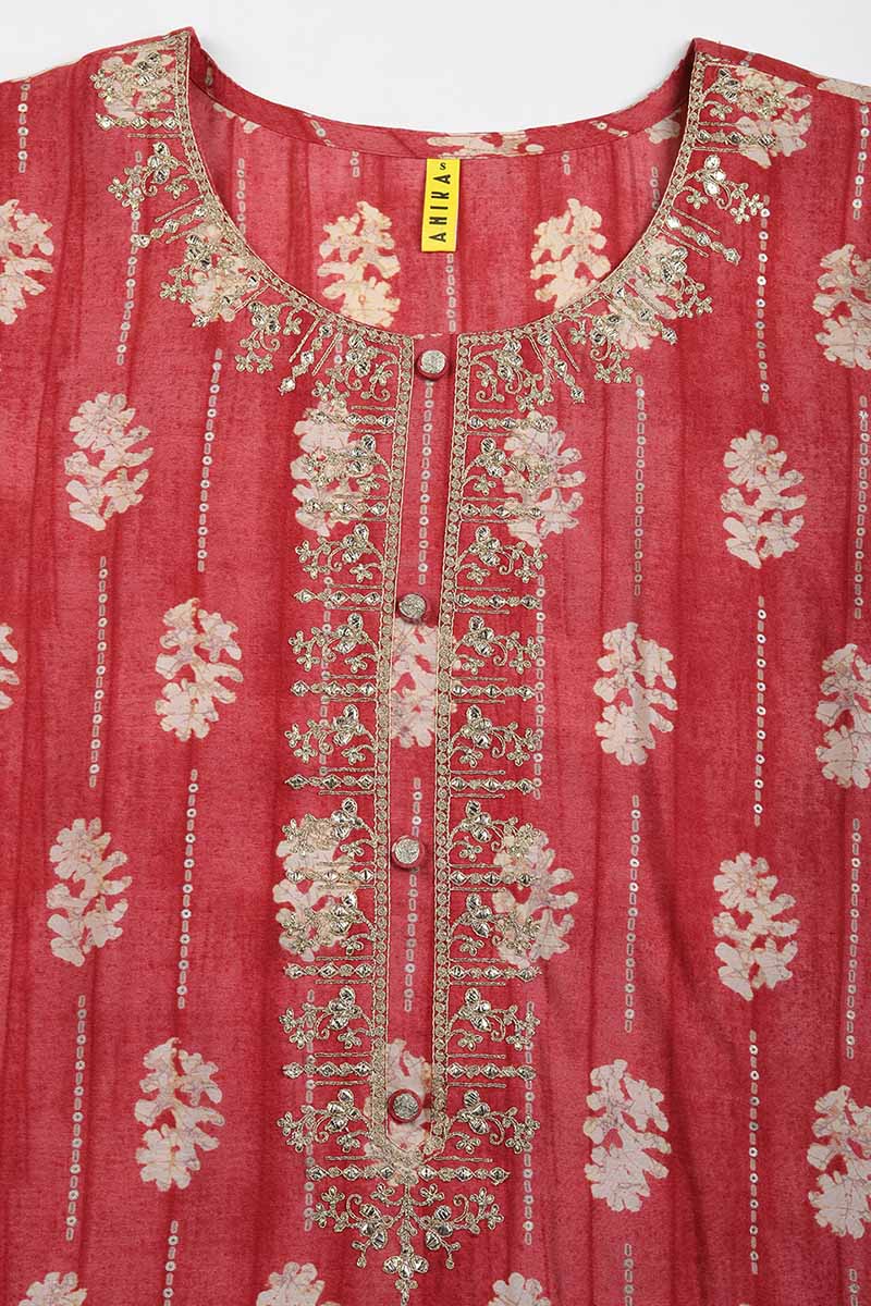 Red Silk Blend Abstract Embroidered Straight Kurta
