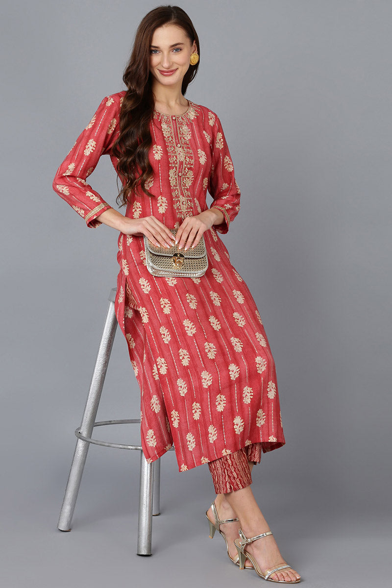 Red Silk Blend Abstract Embroidered Straight Kurta