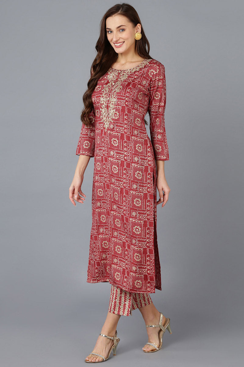 Maroon Silk Blend Geometric Embroidered Straight Kurta VCK9086