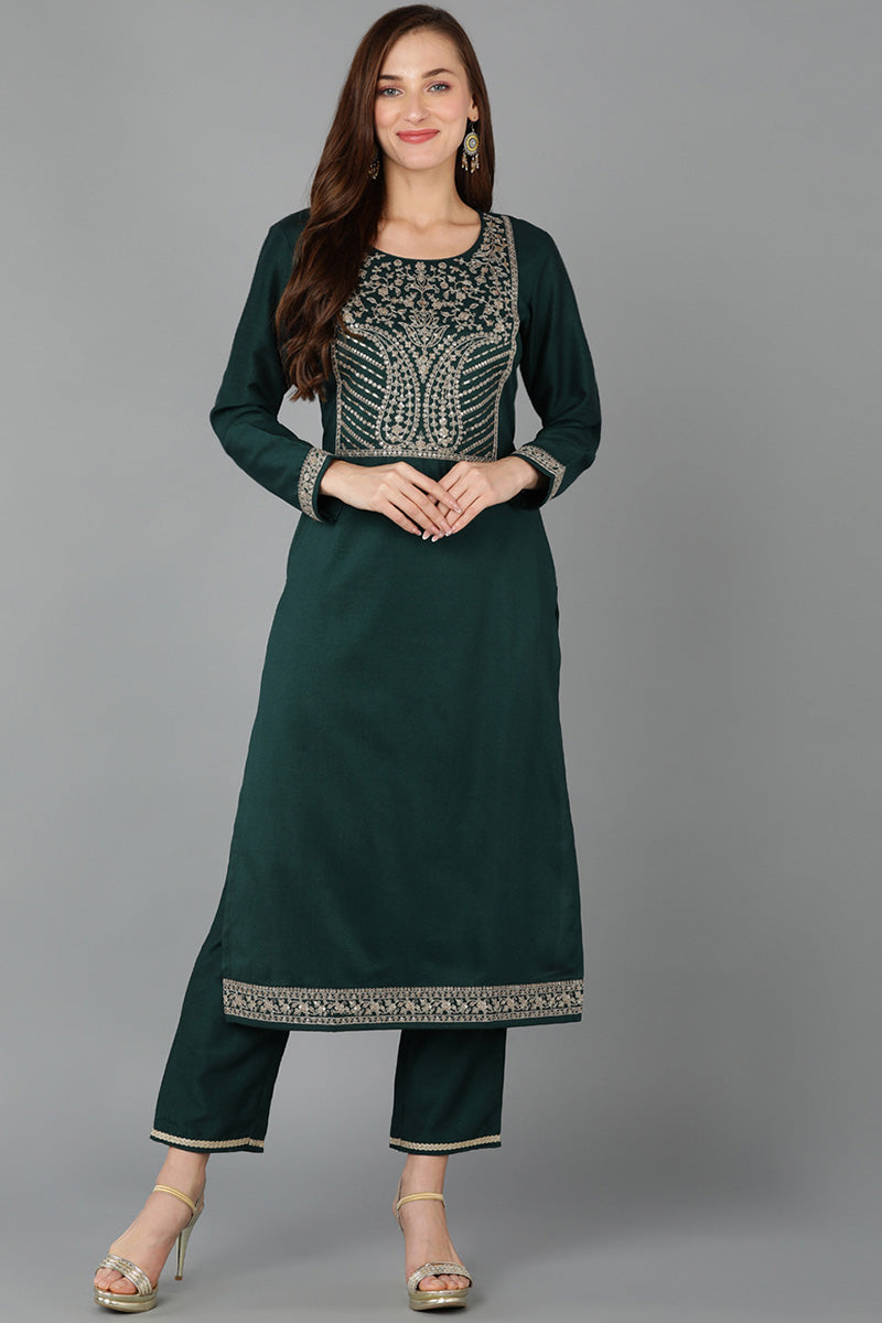 Green Silk Blend Straight Kurta