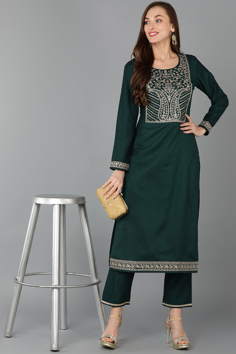 Green Silk Blend Straight Kurta