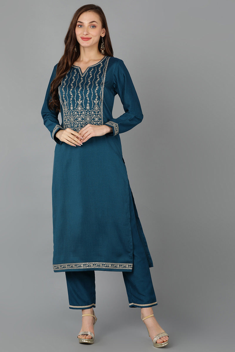 Teal Silk Blend Straight Kurta VCK9117