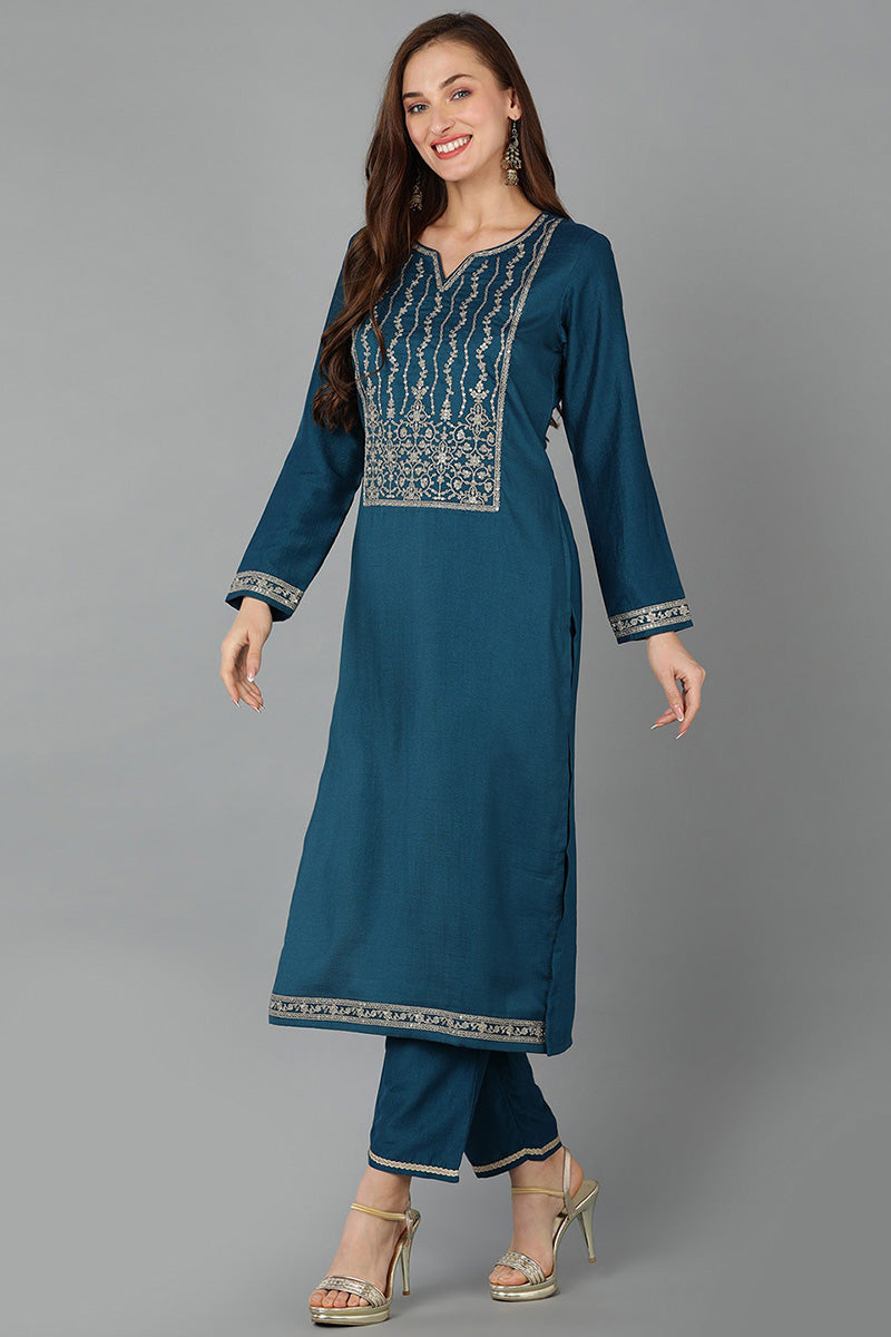 Teal Silk Blend Straight Kurta VCK9117