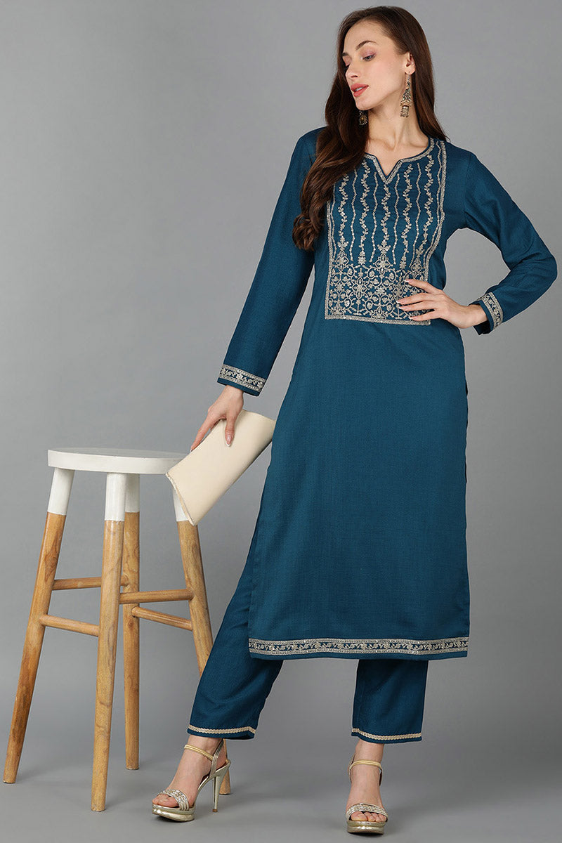 Teal Silk Blend Straight Kurta VCK9117