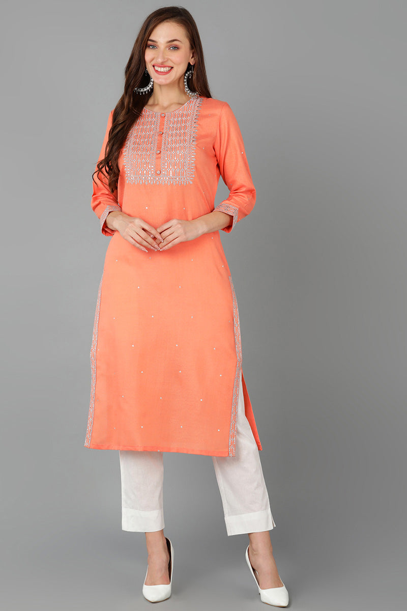 Peach Cotton Blend Straight Kurta