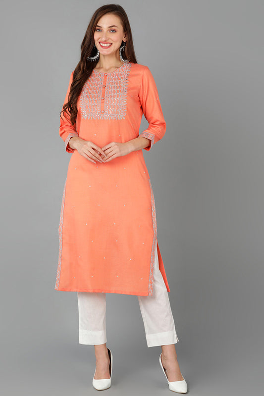 Peach Cotton Blend Straight Kurta