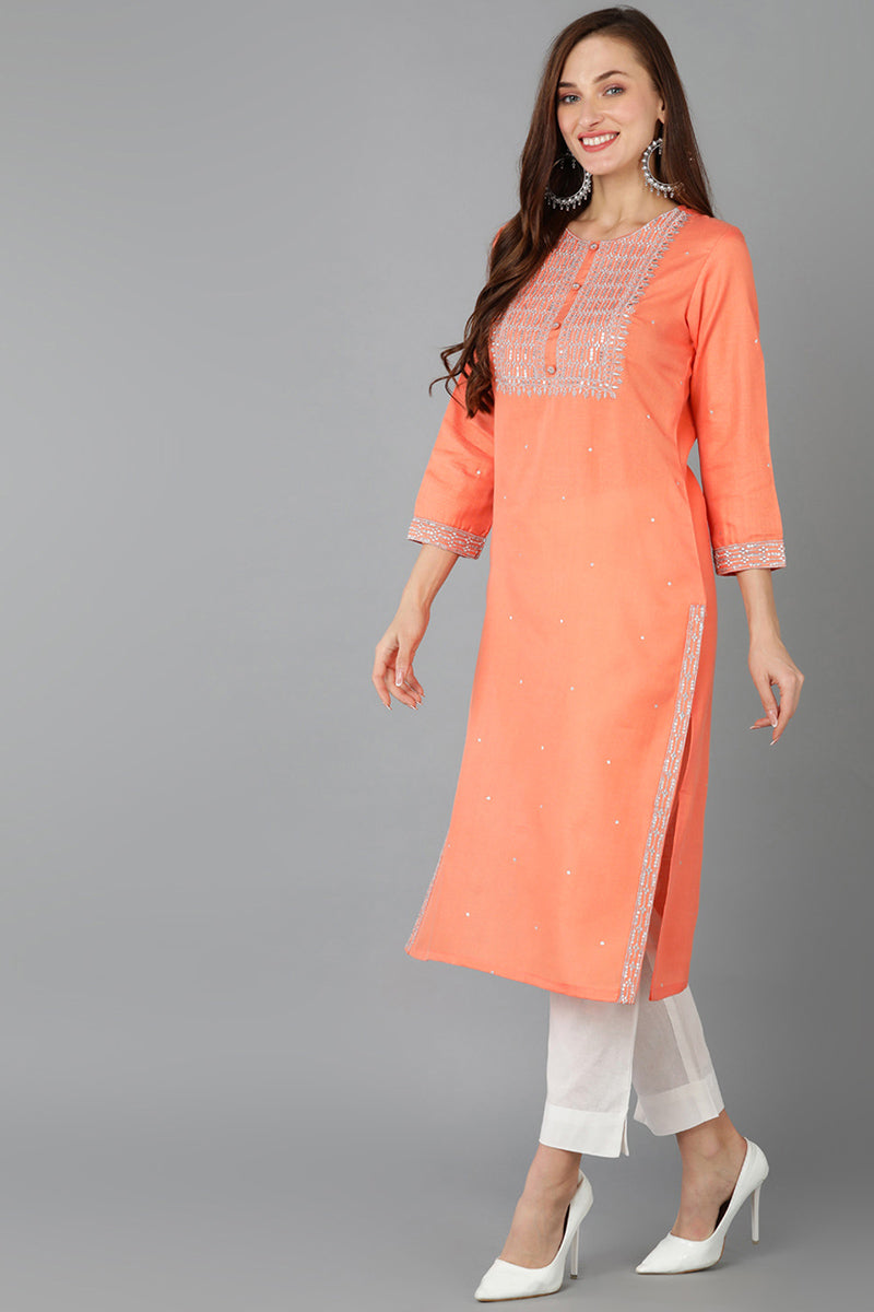 Peach Cotton Blend Straight Kurta