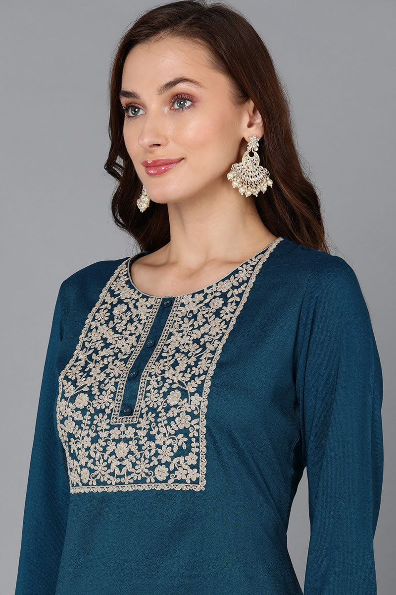 Teal Silk Blend Straight Kurta VCK9125