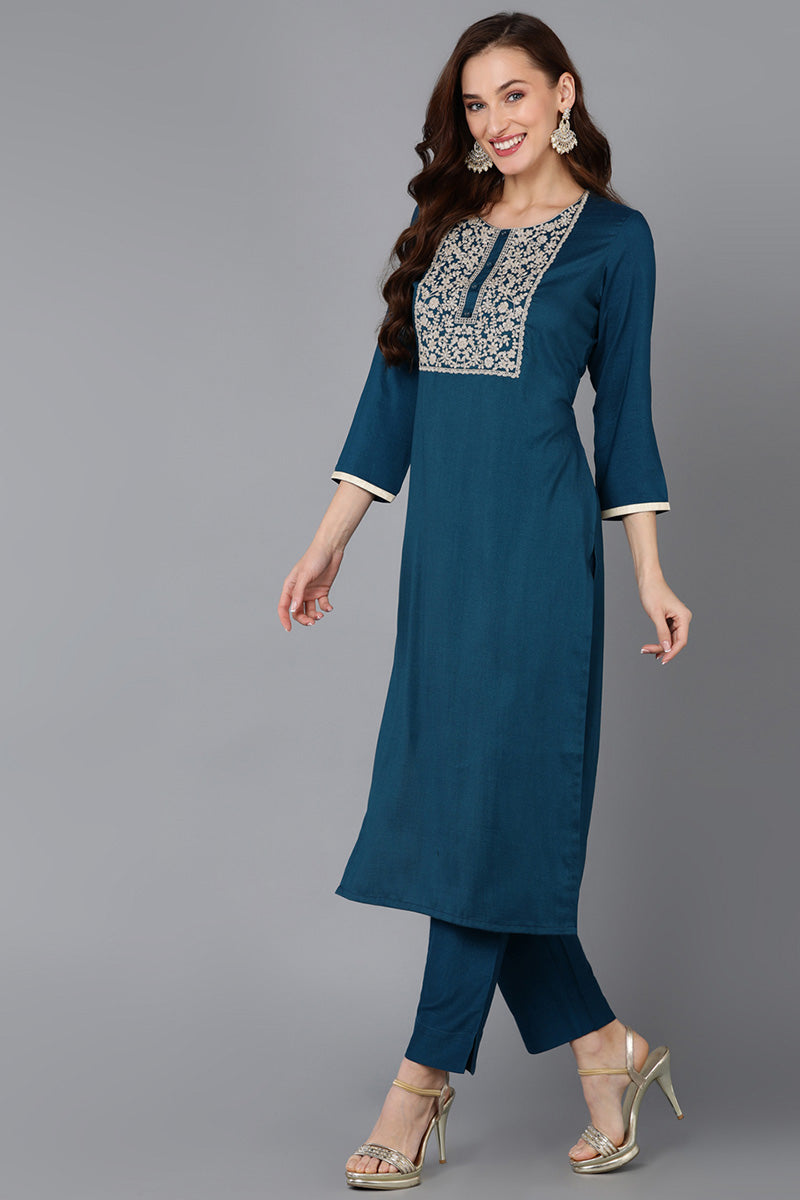 Teal Silk Blend Straight Kurta VCK9125
