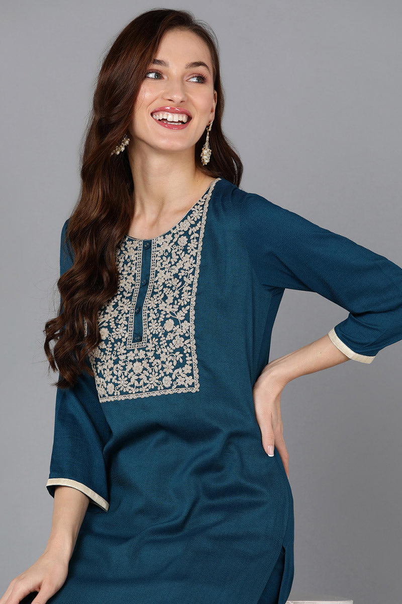Teal Silk Blend Straight Kurta VCK9125