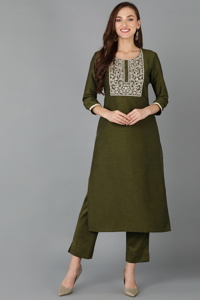 Olive Silk Blend Straight Kurta VCK9126