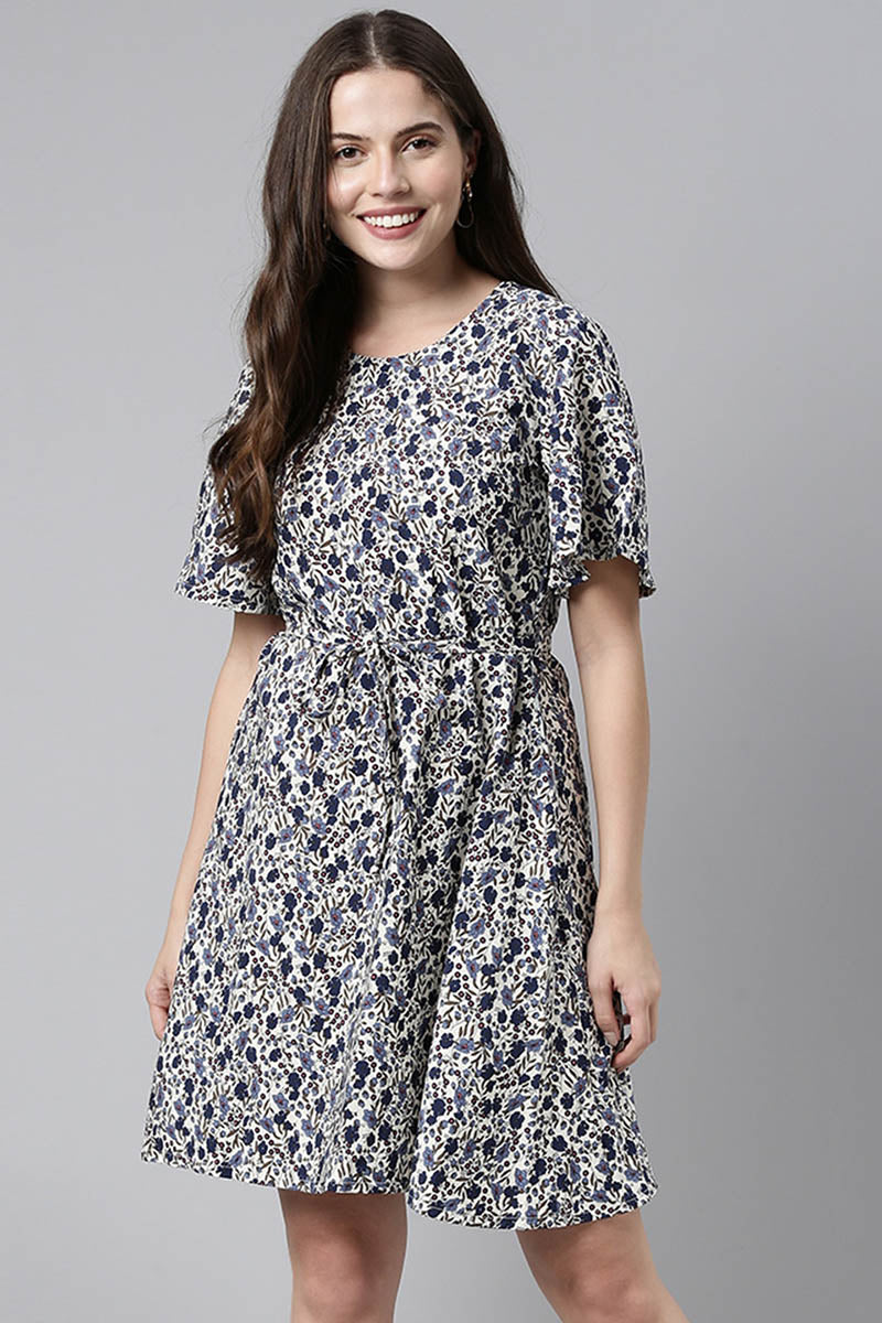 Ahika Women Off-White & Navy Blue Printed Fit & Flare Dress