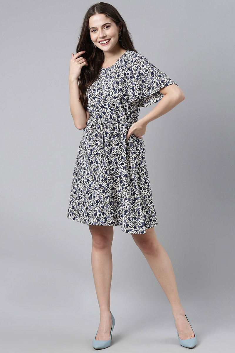Ahika Women Off-White & Navy Blue Printed Fit & Flare Dress