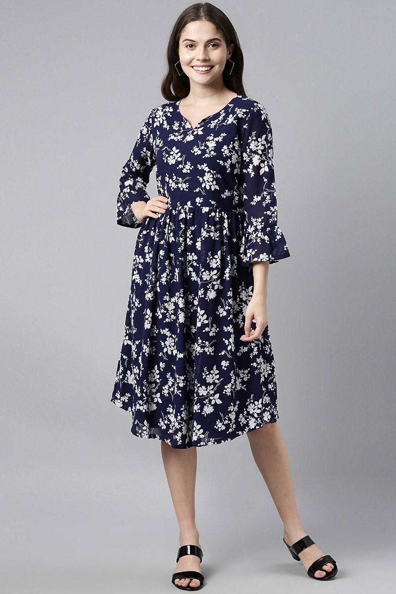 Navy Blue Chiffon Floral Print Midi Dress VD1007 – Ahika