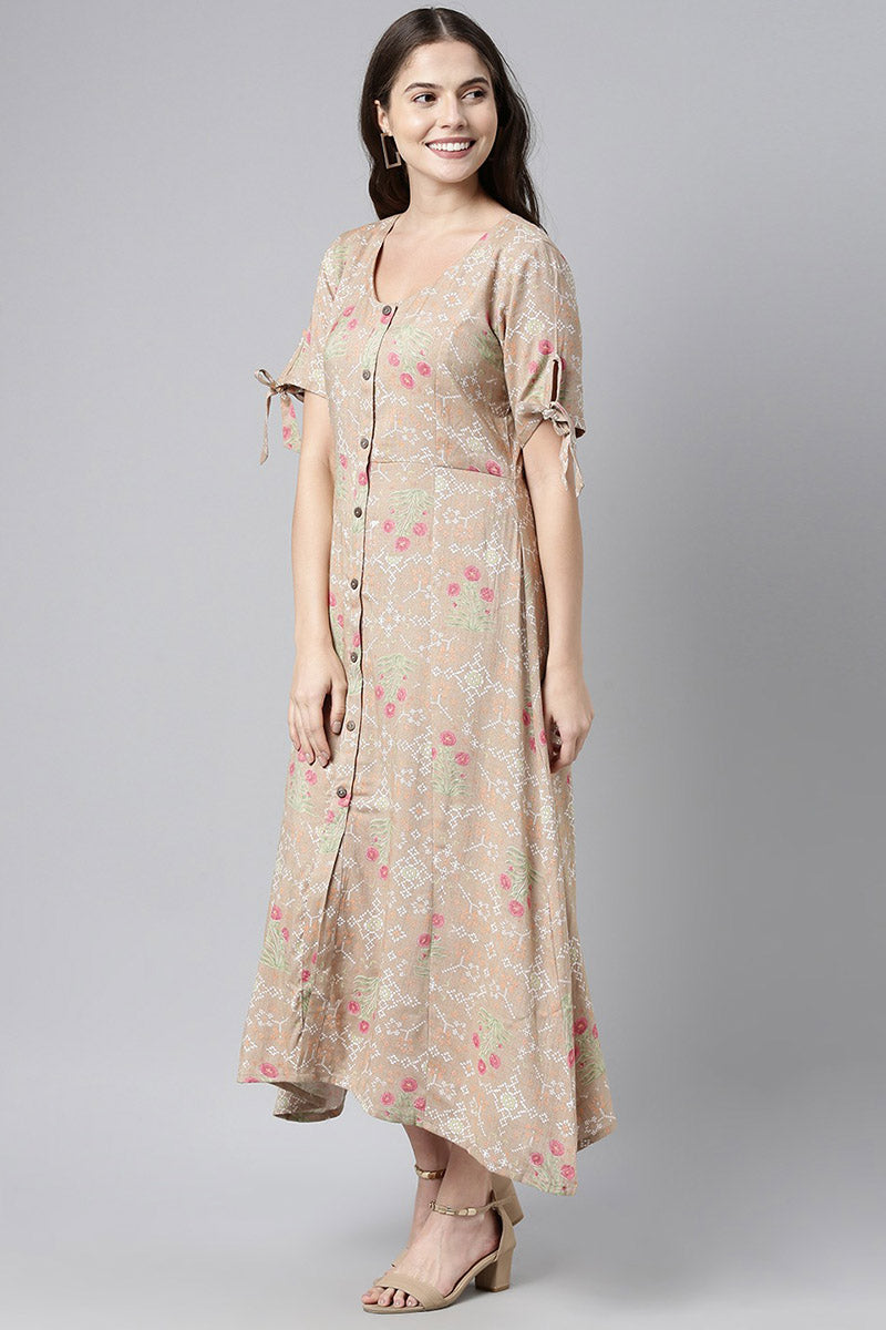 Ahika Women Pure Cotton Brown & Pink Floral Print A-Line Midi Dress
