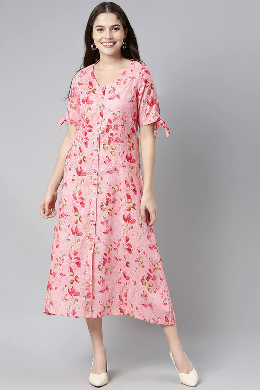 Pink Cotton Floral Printed A-Line Midi Dress VD1062