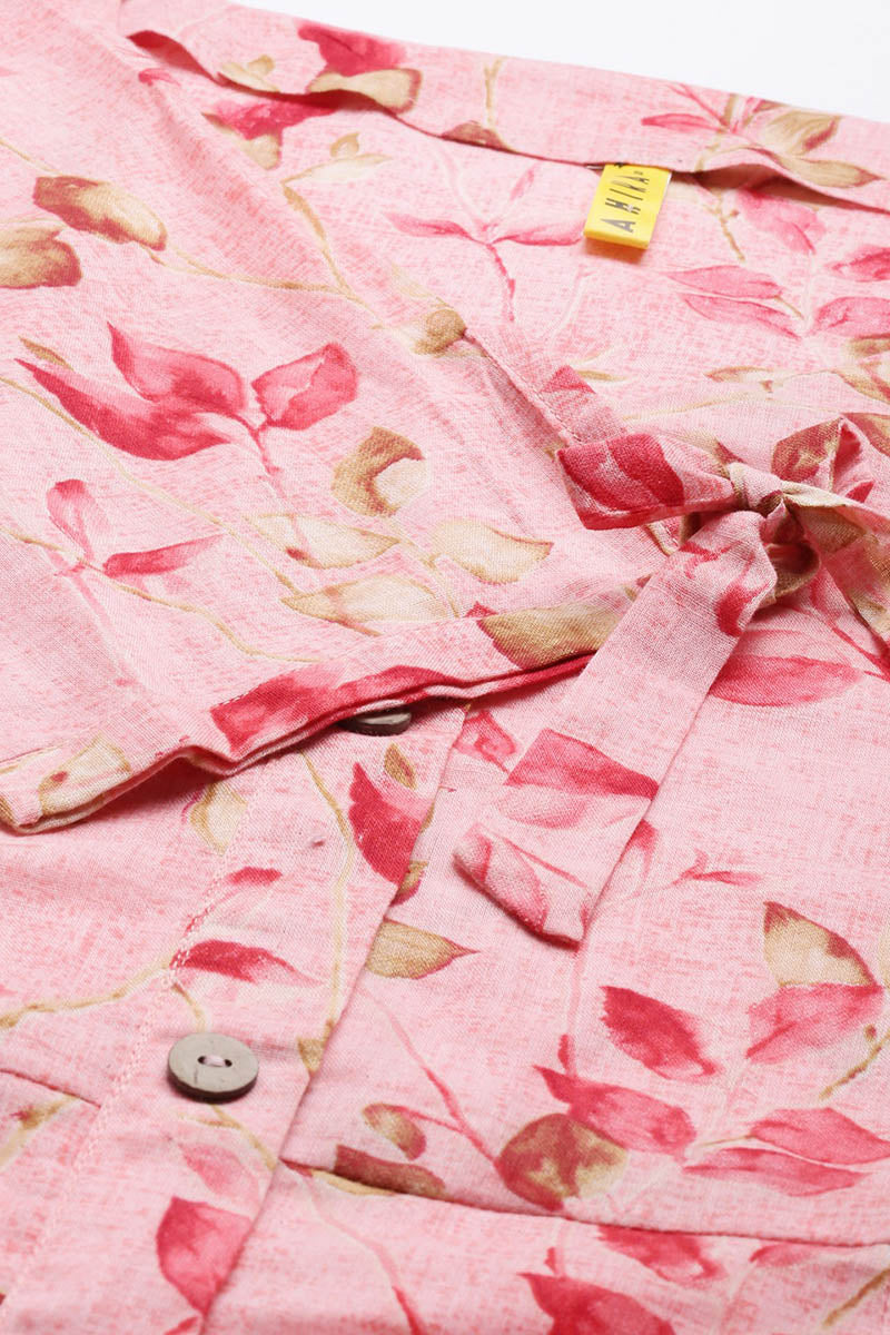 Pink Cotton Floral Printed A-Line Midi Dress VD1062