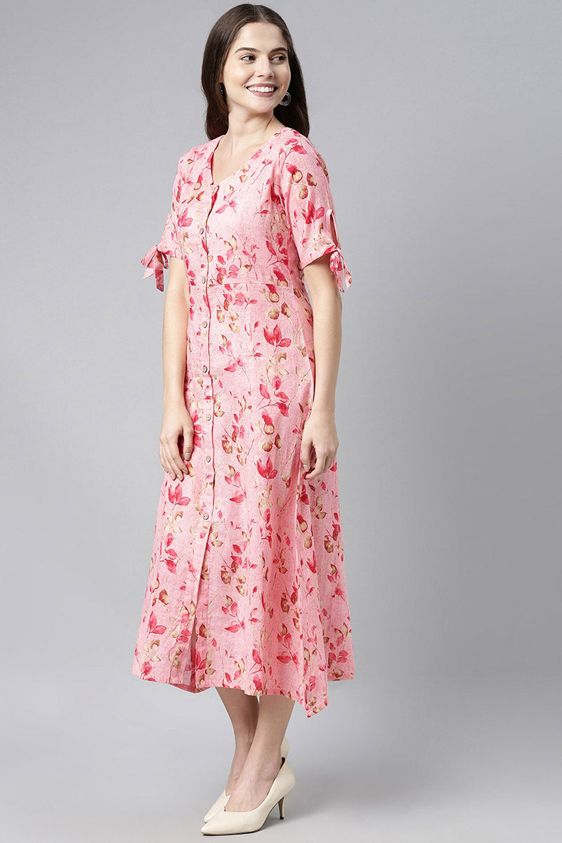 Pink Cotton Floral Printed A-Line Midi Dress VD1062