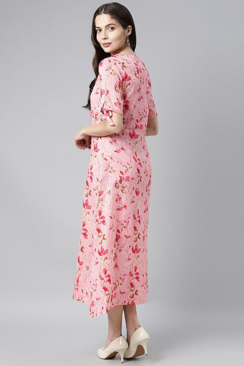 Pink Cotton Floral Printed A-Line Midi Dress VD1062
