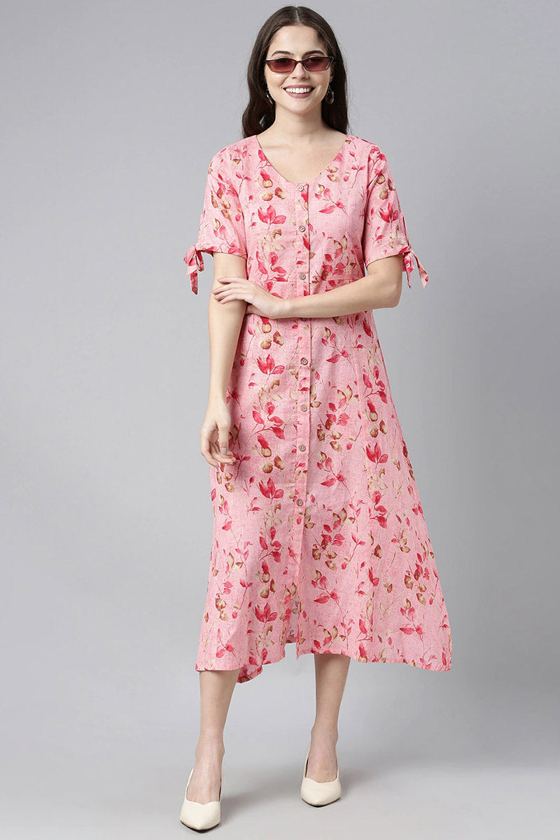Pink Cotton Floral Printed A-Line Midi Dress VD1062