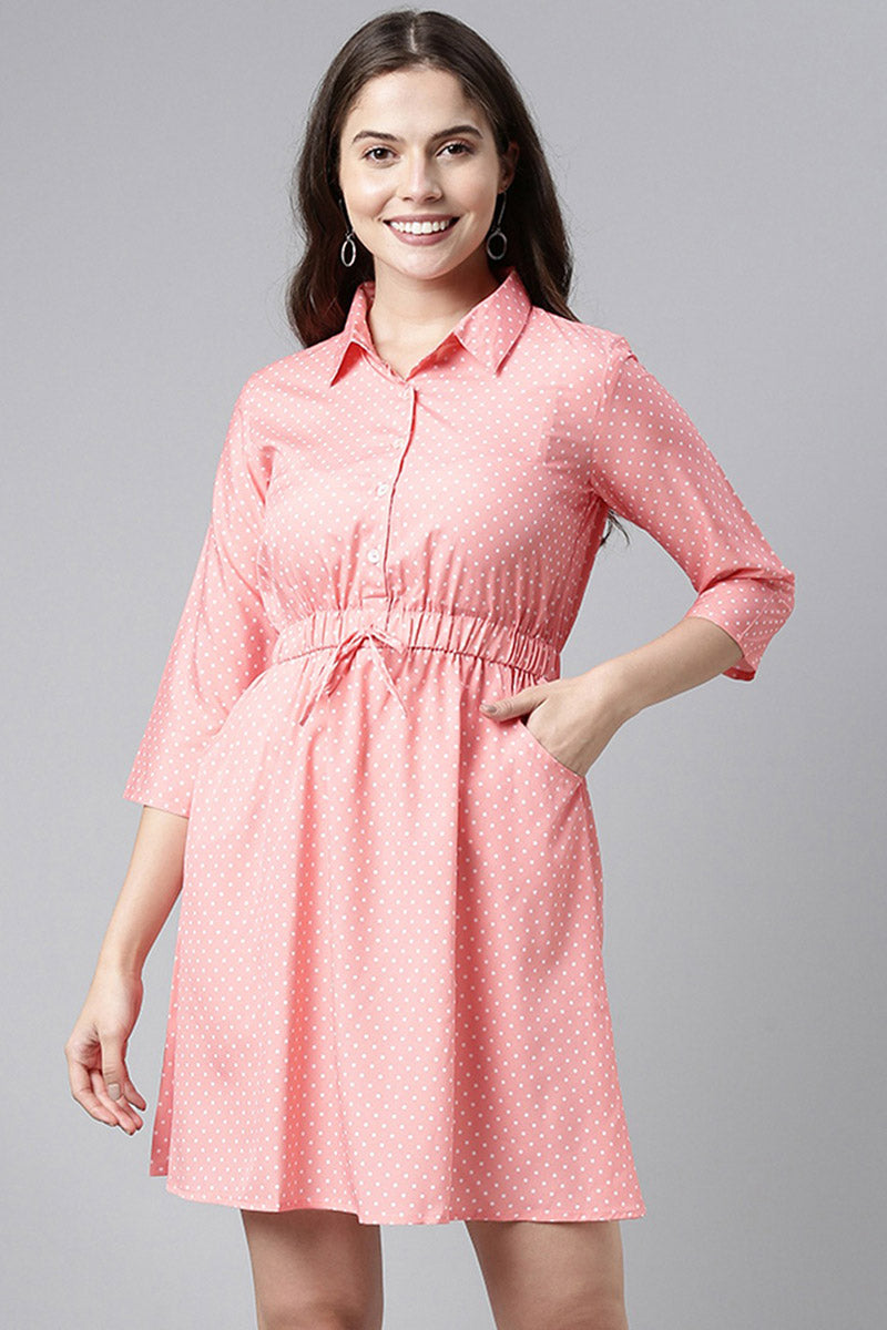 AHIKA Pink Crepe Polka Dot Mini Dress